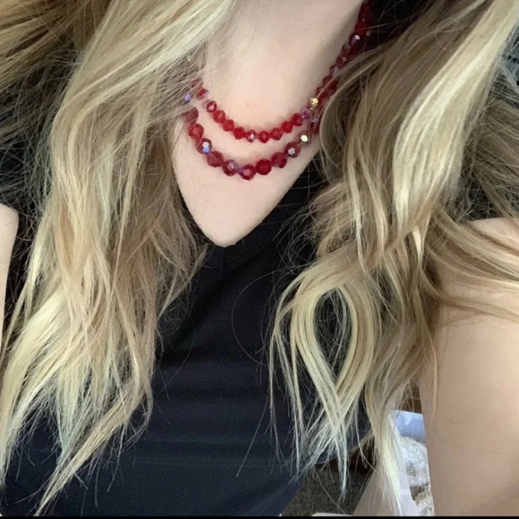 Vintage 1950s Ruby Swarovski Crystal Aurora Borealis Beaded Necklace - Picture 6 of 8